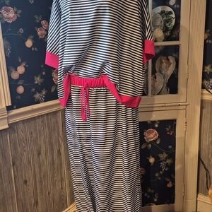 Striped Black and White Pant Set with Pink Accents